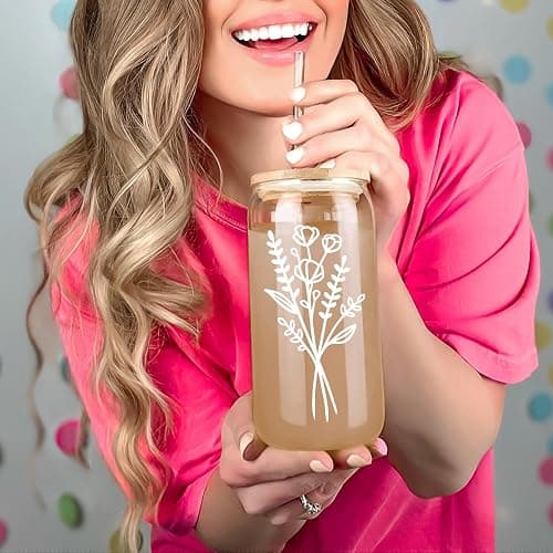 Cute Glass Cups with Lids and Straws, Aesthetic Iced Coffee Cup, Flower Mugs, Personalized Tumbler with Straw, Birthday Gifts for Women Friend Sister Her Coffee Lover Bridesmaid Stuff Christmas thumbnail 6