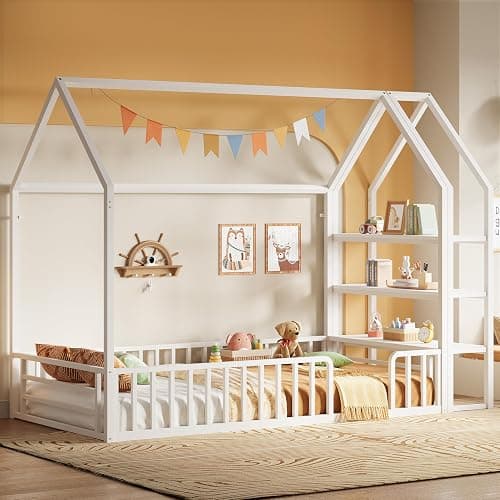 LIKIMIO Twin Bed Frame, Metal House Floor Bed Frame with Storage, Fence Guardrails, No Box Spring Needed, Space Saving for Bedroom and Dorm, Easy Assembly, White thumbnail 2