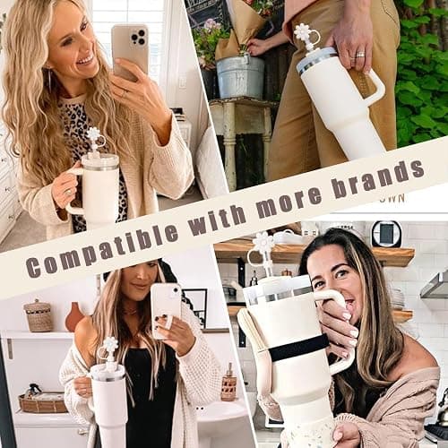 SEMATA Flower Straw Covers for Stanley Cups 30&40 Oz Tumbler with Handle Accessories - 4 PCS Silicone Straw Caps Protectors - Off White thumbnail 6
