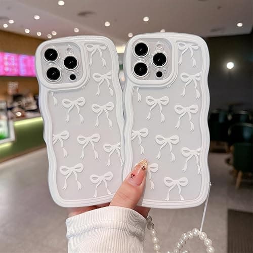 rozouai Compatible for iPhone 15 Plus Case for Women Girls,Cute Bowknot Pattern Curly Wave Wavy Frame Shape Shockproof Soft with Bowknot Bracelet Chain thumbnail 2