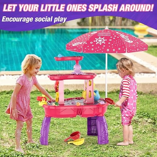 HYES Water Table for Toddlers 3-5, 3-Tier Kids Splash Sand Table Water Toys with Umbrella, Rain Showers Splash Pond for Outdoor Beach Backyard Summer, Activity Sensory Playset for Boys Girls, Red thumbnail 3