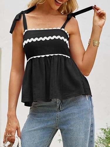 Tankaneo Womens Cute Tank Tops Summer Casual Peplum Babydoll Square Neck Tie Strap Backless Shirts thumbnail 2