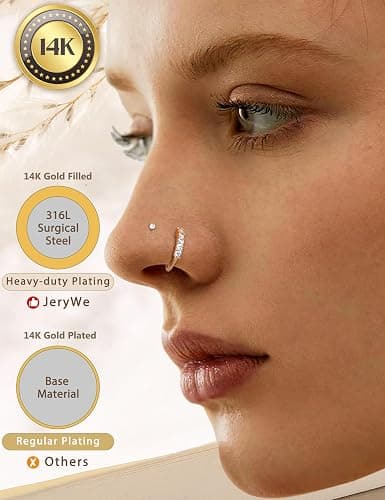 JeryWe Nose Rings for Women - 14K Gold Filled Hypoallergenic Surgical Steel Nose Ring Hoops CZ Lip Ring Screw L Shaped Studs Threadless Flat Back Stud Nose Piercings Jewelry for Women Men thumbnail 5