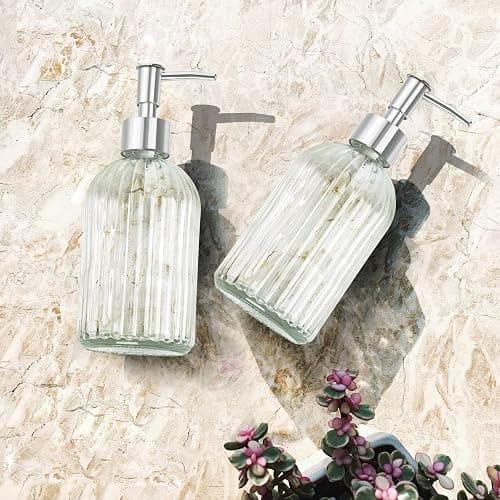 Glass Soap Dispenser with Plastic Pump, Hand Soap Dispenser for Hand Wash, Lotion Dispenser for Dishwashing Liquid, Lotion Shower Gel (Striped Transparent) thumbnail 6