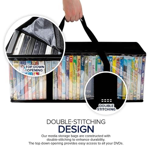 Stock Your Home DVD Storage Bags (Set of 4) Media Organizer Bag for DVDs, CDs, Blu Ray Disc, Movie Cases, VHS Box, Video Game Disks, Clear Plastic Holders with Carrying Handles and Zipper - Black thumbnail 4
