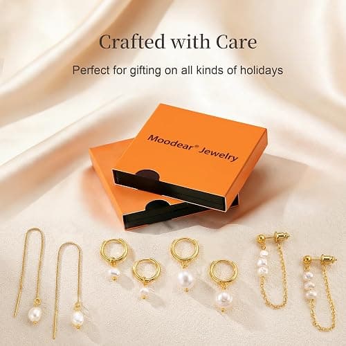 Pearl Earring Stacks for Women – Dainty 14K Gold Plated Hypoallergenic Hoop & Dangle Earrings Set thumbnail 6