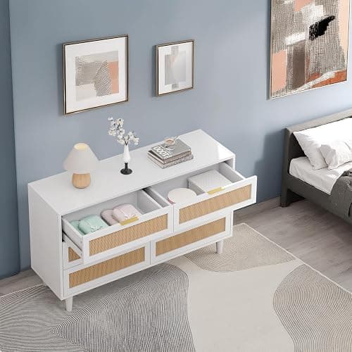 NTYUNRR 51.18" Rattan Dresser for Bedroom, Mid Century 6 Drawer Dressers, Wooden Dresser Chest of Drawers, White Modern Closet Boho Dressers Storage Cabinet, for Living Room Hallway Entryway, M thumbnail 2