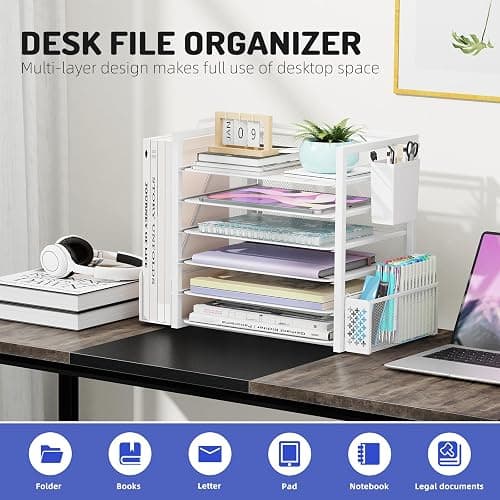 Simple Trending 6 Tier Desk File Organizer, Paper Letter Tray Organizer with File Holder and Pen Container, White thumbnail 6