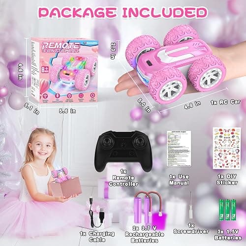 Pink Remote Control Car for Girls, RC Cars for Kids with DIY Sticker & Colored Lights, 2.4Ghz Double Sided 360° Flips 4WD Stunt Car, Rechargeable Toy Cars for Girl Ages 4-6 5-7 6-8 8-12 Birthday Gift thumbnail 6