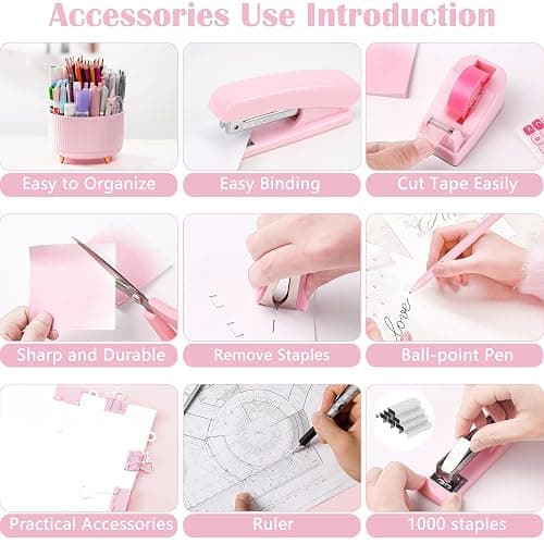 Pink Desk Accessories, Pink Office Supplies 360°Pen Holder Desk Organizers And Accessories with Tape Dispenser, Stapler, Staple Remover, 1000 Staples, Tape, Clips Set, Ruler, Scissor, Pen thumbnail 6