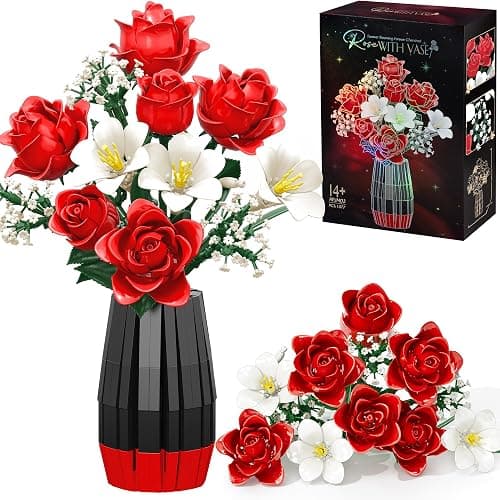 Roses Flower Bouquet Building Blocks Set with Vase, Women Men Teen Girls Gifts for Christmas, 1077PCS Botanical Collection Artificial Flowers Birthday Gifts for Her Him Wife Husband Mom Grandma Adults - Image 1