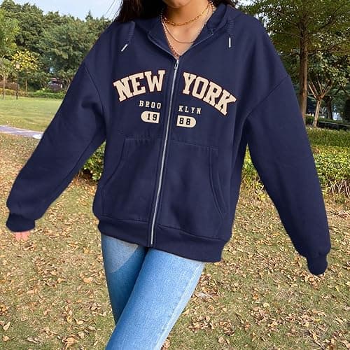 Pairxily New York Graphic Zip Up Hoodies for Women Full Zip Hoodie Letter Jackets College Zipper Sweatshirts with Pockets thumbnail 5