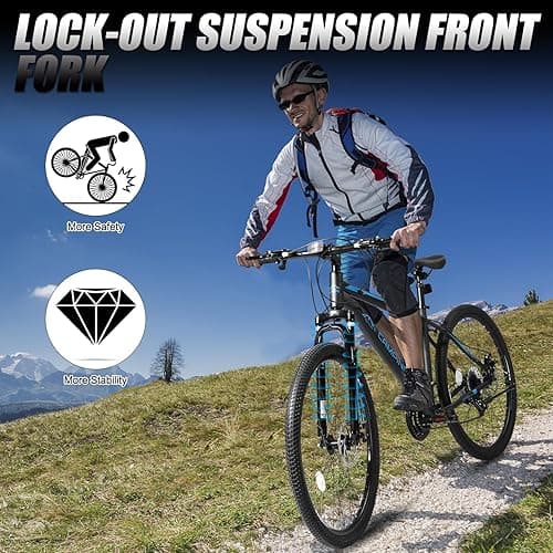 CamPingSurvivals 26/27.5" Mountain Bike 21 Speed Bikes for Adults, Men & Women Mountain Bike with High Carbon Steel Frame, All-Terrain Tires, Double Disc Brake and Suspension Fork - Blue - 27.5" thumbnail 5