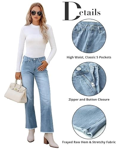 GRAPENT Straight Leg Jeans for Women High Waisted Stretchy Frayed Raw Hem Loose Denim Pants Casual Baggy Jean Trousers thumbnail 6