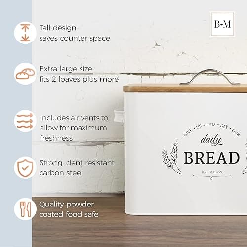 Baie Maison Extra Large White Farmhouse Bread Box for Kitchen Countertop - Breadbox Holder Fits 2+ Loaves - Bread Storage Container Bin - Rustic Bread Keeper Vintage Metal Kitchen Decor for Counter thumbnail 4