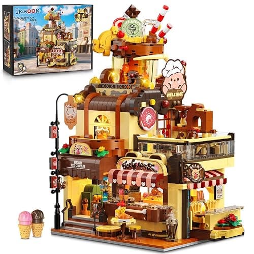 INSOON City Ice Cream House Building Set with Lights, 1377 PCS Dessert Shop Building Block Toy with Chocolate Sundae Cone, Sweet Workshop Construction Model for Adults Teens Kids Boys Girls Ages 12+ - Image 1