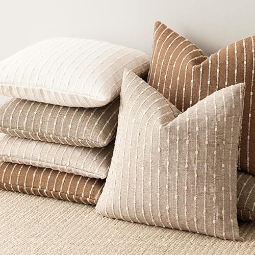 Foindtower Pack of 2 Decorative Jacquard Boucle Throw Pillow Covers Accent Textured Striped Pillowcases Soft Boho Modern Cushion for Couch Sofa Bedroom Living Room Home Decor 20x20 Inch Natural Beige thumbnail 7