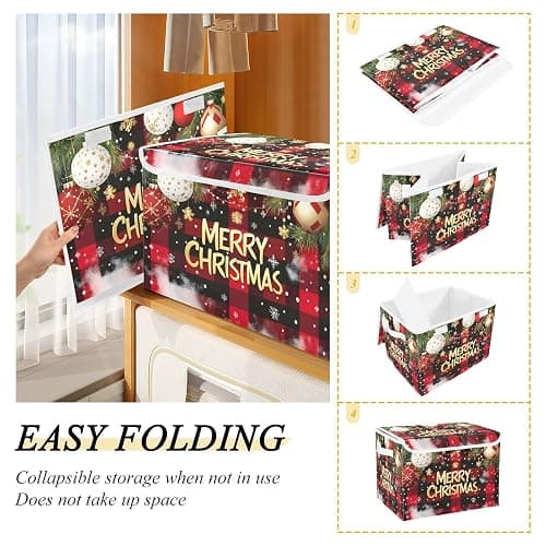 Bolaz Storage Bins with Lids and Handles,Christmas Red Plaid Storage Box Storage Basket with Cover Collapsible Organizer Containers for Home Closet, Shelves thumbnail 5