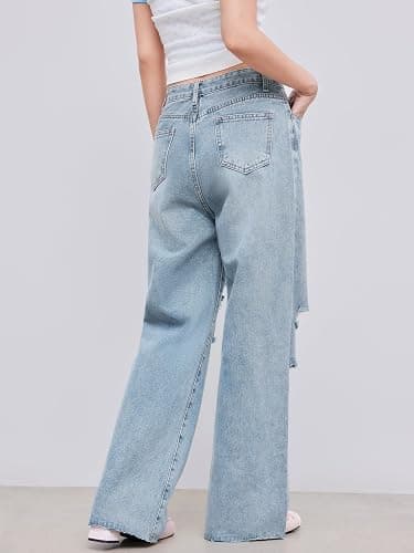 CIDER Women’s Ripped Jeans High Waisted Distressed Baggy Straight Wide Leg Pants thumbnail 5