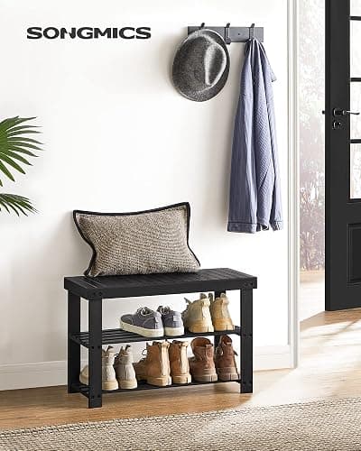 SONGMICS Shoe Rack Bench, 3-Tier Bamboo Shoe Storage Organizer, Entryway Bench, Holds Up to 286 lb, 11.3 x 27.6 x 17.8 Inches, for Entryway Bathroom Bedroom, Ink Black ULBS04H thumbnail 2