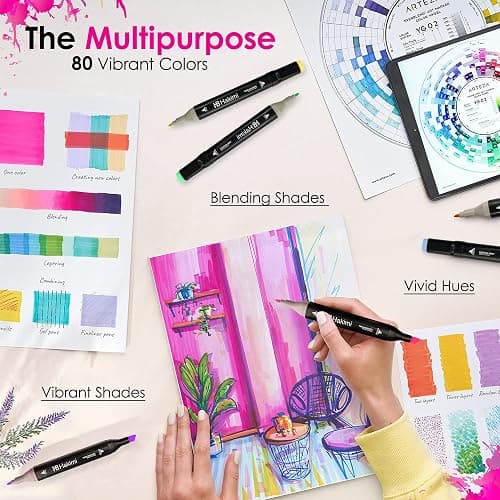 HAKIMI Alcohol Markers 48 Colours Dual Tip Colouring Pens for Adults, Anime & Calligraphy Art – Felt Tip Pens with Case – Ideal for Colouring Book, Scrapbooking, Manga & Stationery Set thumbnail 4