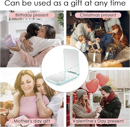 Compact Travel Makeup Mirror, 1x/3x Magnification, Handheld Mirror for Purse, Pocket, Folding, 2-Sided, 8 LEDs,Small Mirror with Lights (Cyan) thumbnail 6