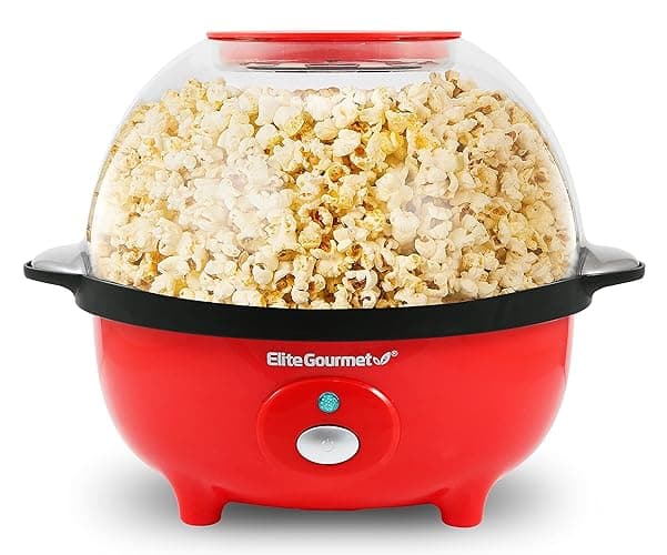 Elite Gourmet EPM330R Automatic Stirring 12-cup Popcorn Maker Popper, Hot Oil Popcorn Machine w/Measuring Cap & Built-in Reversible Serving Bowl, Great for Home Party Kids, Safety ETL Approved, Red - Image 1