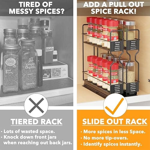 SpaceAid Pull Out Spice Rack Organizer for Cabinet, Heavy Duty Slide Out Seasoning Kitchen Organizer, Cabinet Organizer, with Labels, 5.2" W x10.75 D x10 H, 2 Drawers 2-Tier thumbnail 5