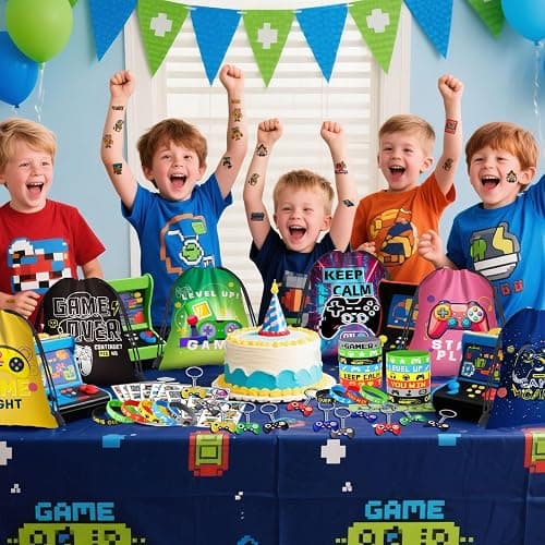 naygnahz Video Game Party Favors Kids Gamer Birthday Party Supplies Drawstring Bag Silicone Bracelet Glow in Dark Tattoo Sticker Keychain Gamer Party Favors Gaming Birthday Goodie Bag Stuffers thumbnail 7