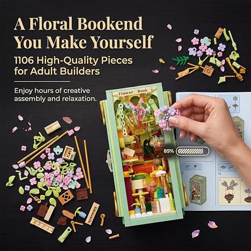 NEWABWN Floral Book Nook Building Set with Light, Compatible with Flowers DIY Booknook Building Block kit for Home Decor Bookshelf, 1106 PCS Bookend House Building Toy Gift for Adult 14+ thumbnail 6