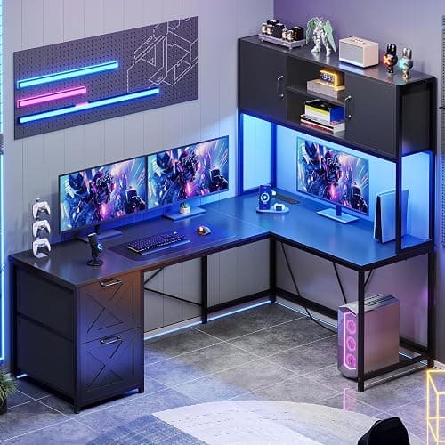 SEDETA Reversible L Shaped Corner Gaming Desk with Drawers, Led Lights | Corner Computer Desk with Fabric Drawers, Power Outlet, Hutch and Storage Shelf for Home Office, Black - Image 1