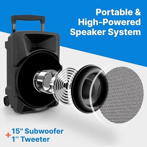 Wireless Portable PA Speaker System -1200W High Powered Bluetooth Compatible Indoor and Outdoor DJ Sound Stereo Loudspeaker w/USB SD MP3 AUX 3.5mm Input, Flashing Party Light & FM Radio -PPHP1544B thumbnail 4