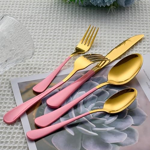 Lekoton 20 Piece Gold and Pink 18/0 Flatware Utensil Set for 4, Include Dinner Knife,Dinner Forks,Dinner Spoons,Salad Forks,Teaspoons,Silverware Set for 4, Dishwasher Safe thumbnail 8