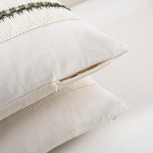 Fancy Homi Set of 1 Boho Olive Green Lumbar Decorative Throw Pillow Cover 12x20 Inch for Couch Bed Sofa Chair, Modern Organic Farmhouse Home Decor, Soft Cotton Cute Accent Rectangle Cushion Case thumbnail 3