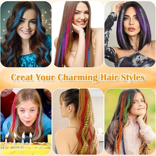 65 Pcs Hair Feathers with Hair Extension Tools, 13 Colors Long Straight Synthetic Hair Feather Extensions Kit with Microlink Beads for Women Girls Kids Daily Parties Festival thumbnail 7