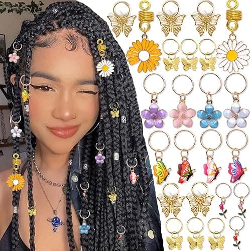 NAISKA 24Pcs Gold Butterfly Braid Clips Spring Hair Jewelry Dreadlock Accessories Colorful Butterflies Pendant Charms Flower Braid Clips Beads Cuffs Rings Hair Jewelry Gifts for Women - Image 1
