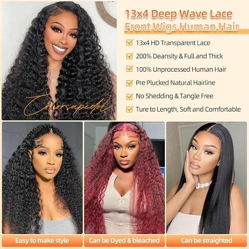 COLORSUPIDOL 32 Inch Deep Wave Lace Front Wigs Human Hair Natural Density 13x4 HD Transparent Lace Frontal Wigs Human Hair Pre Plucked Deep Curly Glueless Wigs for Black Women Natural Color thumbnail 3