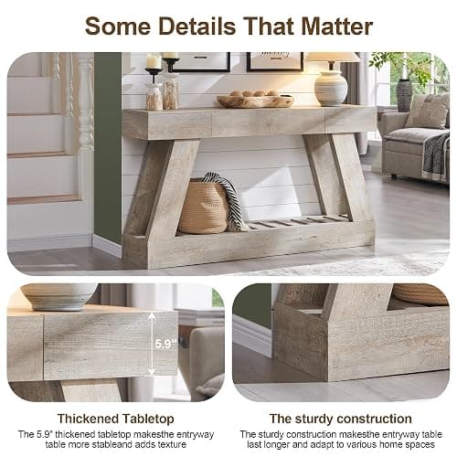 60" Farmhouse Entryway Table, Console Table with Drawer, Narrow Long Wood Sofa Table for Living Room, Wooden Hallway Foyer Table with Heavy Duty Base, Entry Table for Entrance(Light Rustic Oak) thumbnail 7