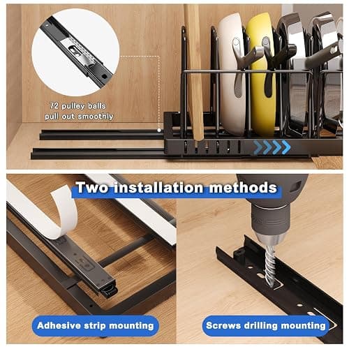 Mustorn 2 Pack Pots and Pans Organizer Under Cabinet, 21.6" Deep Pull Out Pot Lid Organizer Holder with Guardrail Adhesive Pot and Pan Holder Rack with 10 Adjustable Dividers(Black) thumbnail 4