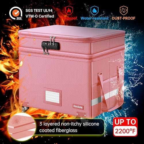 DocSafe File Box with Lock,2-Layer Fireproof Document Box with Wheels,Collapsible Rolling File Storage Organizer with Pockets,Large Portable Home Office Filing Cabinet Safe for Hanging Folders,Pink thumbnail 5