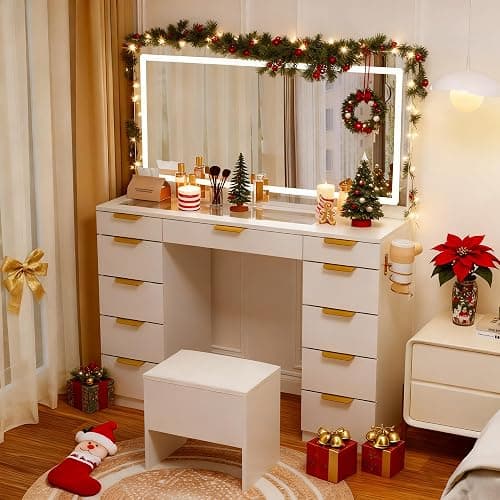 Pamapic Glass Top Vanity Desk with Mirror and Lights, 11 Drawers Makeup Vanity with Charging Station and Chair, Golden Handles Dressing Table, 3 Lighting Modes Makeup Table, White thumbnail 3