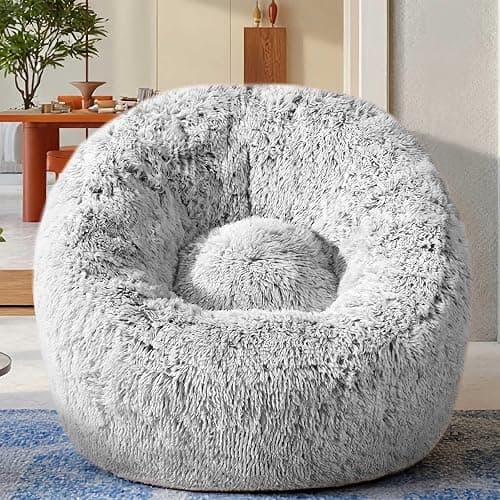Plush Faux Fur Bean Bag Chairs, Memory Foam Filled Sofa Chair Shape Bean Bag for Adults/Teens/Kids, Ultra-Soft Lazy Sofa for Living Room Bedroom College Dorm, Grey - Image 1