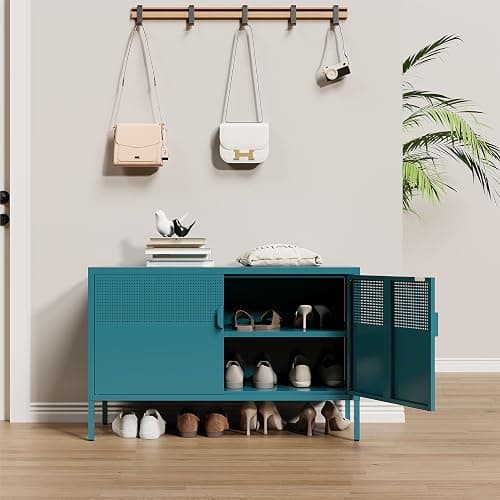 XIUSVON Metal Storage Cabinet,2 Door TV Stand, Metal Mesh Accent Cabinet,Magnetic Door Closure,Low Storage Cabinets with Doors and Shelves thumbnail 5