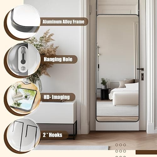 Antok Over The Door Mirror Full Length, 49'' x 14''Wall Mounted Hanging Mirror, Aluminum Alloy Frame, Shatterproof Glass, No Drill Installation for Bedroom, Closet, Bathroom, Dorm, Round Corner,Black thumbnail 7