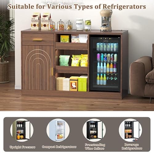Snack Bar Cabinet with Mini Fridge Space, Mini Fridge Cabinet with Storage, Coffee Bar Cabinet with Drawer, Power Outlets, Snack Organizer with LED Lights for Home, Movie Room, Game Room (Walnut) thumbnail 6