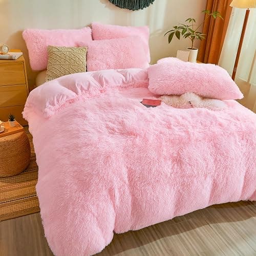 Besfunny Fluffy Pink Comforter Cover Queen Set – Plush Faux Fur Pink Bedding 3-Piece Set (1 Faux Fur Duvet Cover + 2 Furry Pillow Shams) Cozy Fluffy Bed Set thumbnail 3