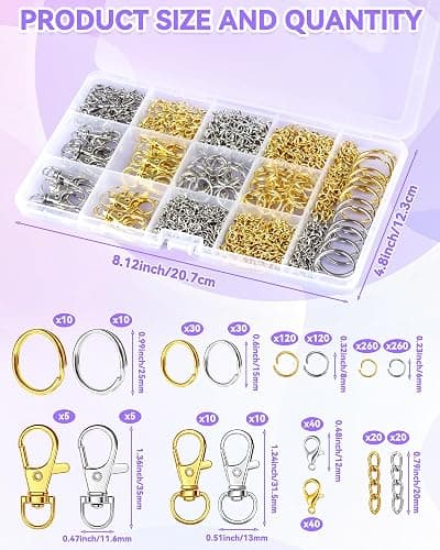990PCS FIVEIZERO Keychain Making Kit - Keychain kit with Key Ring, Key Chain Clip, Lobster Claw Clasps, Swivel Snap Hook, Jumprings & Extender Chain for Crafts, DIY Projects and Jewelry Making thumbnail 2