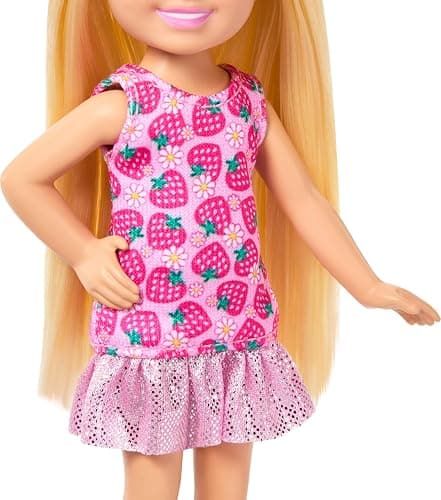 Barbie Club Chelsea Small Doll, 6-Inch with Blonde Hair Wearing Removable Strawberry-Print Dress & Shoes thumbnail 2