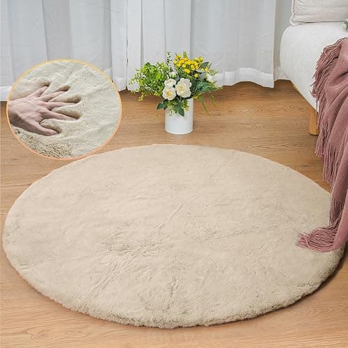 ORINOVA Teppich Beige Rund Flauschig 90 cm Kunstfell Runder Teppich Schlafzimmer Fellteppich Wohnzimmer Kinderzimmer Klein Deko Kuschelig Waschbar - Image 1