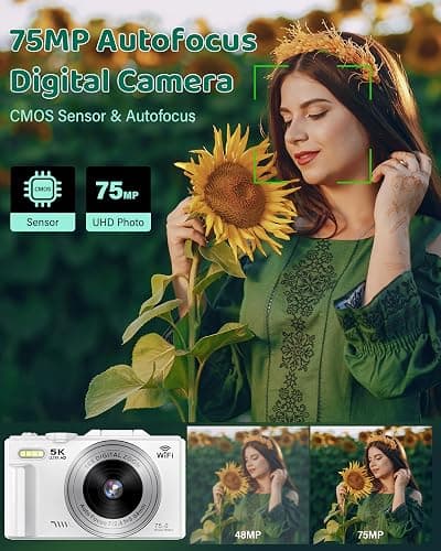 5K Digital Camera - WiFi 75MP Cameras for Photography - UHD Vlogging Camera for YouTube with 3" 180° Flip Screen - Autofocus Compact Video Travel Camara with 18X Zoom, 32GB SD Card, 2 Batteries thumbnail 2